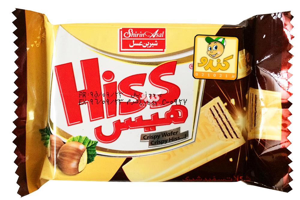 تصویر بزرگ‌شده شکلات سفید با مغز ویفر باکرم فندق هیس 42 گرمی شیرین عسل